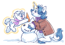 Size: 2626x1846 | Tagged: safe, artist:stimpower, double diamond, fancypants, pony, unicorn, g4, clothes, coat, colt, duo, duo male, floating, foal, horn, magic, male, scarf, simple background, snow, snowman, stallion, tongue out, unshorn fetlocks, white background