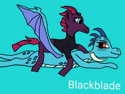 Size: 4096x3072 | Tagged: safe, artist:blackblade360, princess ember, tempest shadow, dragon, pony, unicorn, g4, black shirt, blue background, blue scales, broken horn, clothes, crack shipping, cyan eyes, digital art, dragoness, eye scar, facial scar, female, flying, freckles, horn, ibispaint x, looking at each other, looking at someone, mare, mohawk, orange eyes, purple coat, purple mane, purple tail, riding a dragon, scales, scar, ship:temper, shipping, shirt, signature, simple background, smiling, smiling at each other, spikes, spread wings, tail, wings