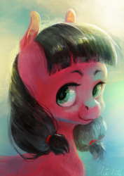 Size: 2218x3138 | Tagged: safe, artist:wolfiedrawie, oc, oc only, oc:macdolia, earth pony, pony, bust, digital art, female, mare, pigtails, portrait, solo, three quarter view