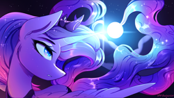 Size: 4096x2304 | Tagged: safe, artist:stravy_vox, princess luna, alicorn, pony, g4, blue eyes, blue mane, blue tail, crown, ethereal mane, ethereal tail, eyelashes, feather, female, flowing mane, flowing tail, glowing, glowing horn, horn, jewelry, lidded eyes, magic, mare, moon, peytral, regalia, solo, spread wings, starry mane, starry tail, tail, wings