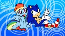 Size: 1920x1080 | Tagged: safe, artist:doctorsonic1991, rainbow dash, hedgehog, mobian, pegasus, pony, g4, crossover, duo, female, gesture, gradient background, mare, open mouth, open smile, patterned background, sitting, smiling, sonic the hedgehog, sonic the hedgehog (series)