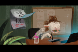 Size: 2000x1339 | Tagged: safe, artist:wolfiedrawie, oc, oc only, oc:drew, pegasus, pony, czequestria, calendar, computer, cup, drawing, drawing tablet, drink, female, indoors, laptop computer, lidded eyes, mare, messy mane, newbie artist training grounds, night, plant, sleepy, solo, water