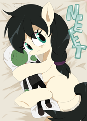 Size: 2425x3351 | Tagged: safe, artist:spoonie, oc, oc only, oc:anon, oc:floor bored, earth pony, pony, bed, body pillow, butt, female, filly, foal, neet, plot, solo, sweat