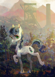 Size: 2059x2912 | Tagged: safe, artist:wolfiedrawie, oc, oc only, oc:chica, oc:drew, earth pony, pony, commission, factory, female, grass, hug, industrial, looking at you, mare, mine, mountain, outdoors, raised hoof, raised leg, scenery, smiling, solo, unshorn fetlocks