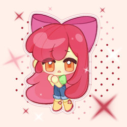 Size: 800x800 | Tagged: safe, alternate version, artist:拾青sqing, apple bloom, human, equestria girls, g4, belt, blushing, chibi, clothes, color outline, denim, jeans, looking at you, pants, shirt, shoes, solo, sparkles