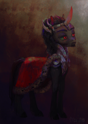 Size: 2480x3508 | Tagged: safe, artist:wolfiedrawie, king sombra, pony, unicorn, g4, armor, beard, cape, clothes, crown, curved horn, facial hair, horn, jewelry, male, regalia, sideburns, solo, stallion