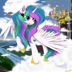 Size: 4000x4000 | Tagged: safe, artist:ser-p, princess celestia, alicorn, pony, g4, absurd resolution, cloud, female, hoof shoes, mare, missing accessory, not canterlot, outdoors, princess shoes, solo