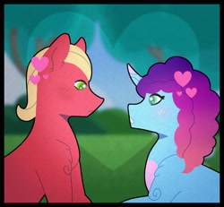 Size: 2130x1967 | Tagged: safe, artist:silents25875990, misty brightdawn, sprout cloverleaf, earth pony, pony, unicorn, g5, base used, blushing, duo, duo male and female, female, heart, horn, looking at each other, looking at someone, male, mare, outdoors, passepartout, rebirth misty, ship:mistyclover, shipping, straight