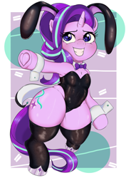 Size: 2894x4093 | Tagged: safe, artist:zekn, starlight glimmer, pony, unicorn, semi-anthro, g4, armpits, bowtie, bunny ears, bunny suit, chest fluff, clothes, female, horn, looking at you, mare, necktie, passepartout, smiling, smiling at you, socks, solo, thigh highs, thighs, thunder thighs, underhoof, wide hips