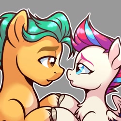 Size: 1337x1336 | Tagged: safe, artist:uruz052, hitch trailblazer, zipp storm, earth pony, pegasus, pony, g5, duo, duo male and female, female, gray background, holding hooves, looking at each other, looking at someone, male, mare, ship:stormblazer, shipping, simple background, spread wings, stallion, straight, two toned mane, unshorn fetlocks, white coat, wings