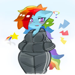 Size: 2080x2080 | Tagged: safe, artist:anoma1ka, rainbow dash, pegasus, anthro, g4, breasts, cleavage, clothes, female, gradient background, looking at you, open mouth, question mark, solo, tracksuit, wide hips