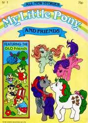 Size: 617x863 | Tagged: safe, egmont, official comic, gusty, north star (g1), sparkler (g1), wind whistler, pegasus, pony, rabbit, unicorn, g1, my little pony and friends, my little pony and friends #1, animal, bow, comic cover, cover, cover art, female, flying, glo friends, horn, mare, my little pony logo, smiling, spread wings, tail, tail bow, wings