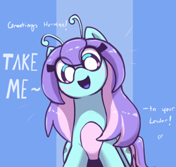 Size: 2250x2140 | Tagged: safe, artist:t72b, oc, oc only, oc:reticula, alien, alien pony, pony, antennae, female, innuendo, looking at you, mare, open mouth, solo, talking to viewer