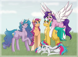 Size: 1045x765 | Tagged: safe, artist:xxmikaraxx, hitch trailblazer, izzy moonbow, pipp petals, sunny starscout, zipp storm, earth pony, pegasus, pony, unicorn, g5, blue sky, collarbone, crown, cyan eyes, eyes closed, grass, green eyes, horn, jewelry, long legs, looking at each other, looking at someone, lying down, mane five, orange coat, orange eyes, pink coat, purple coat, regalia, sky, smiling, spread wings, tail, three toned wings, two toned mane, two toned tail, unshorn fetlocks, white coat, wings, yellow coat