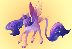 Size: 2321x1588 | Tagged: safe, artist:aobabean, twilight sparkle, alicorn, pony, g4, cloven hooves, colored hooves, colored wings, ethereal mane, ethereal tail, female, gradient background, hooves, leonine tail, mare, multicolored wings, redesign, smiling, solo, tail, tail feathers, twilight sparkle (alicorn), unshorn fetlocks, wingding eyes, wings, yellow background