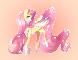 Size: 2191x1681 | Tagged: safe, artist:aobabean, fluttershy, pegasus, pony, g4, colored hooves, colored wings, feathered fetlocks, female, flower, flower in hair, hooves, long mane, long tail, mare, multicolored wings, redesign, simple background, solo, tail, thin, wingding eyes, wings