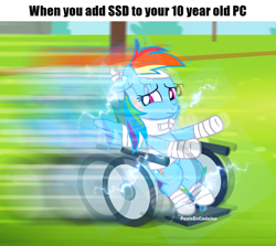 Size: 1216x1086 | Tagged: safe, artist:rsa.fim, edit, edited screencap, screencap, rainbow dash, pegasus, pony, g4, my little pony: friendship is magic, rainbow falls, cropped, injured, meme, outdoors, solo, wheelchair