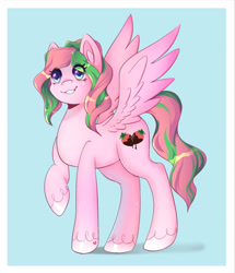 Size: 1280x1491 | Tagged: safe, artist:aobabean, oc, oc only, pegasus, pony, blue eyes, passepartout, raised leg, shading, simple background, smiling, solo, spread wings, tail, two toned mane, two toned tail, unshorn fetlocks, wings