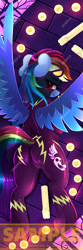 Size: 708x2126 | Tagged: safe, artist:darksly, rainbow dash, pegasus, pony, g4, back, blushing, body pillow, butt, clothes, costume, female, plot, shadowbolt dash, shadowbolts costume, solo