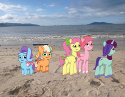 Size: 1383x1079 | Tagged: safe, artist:caseyben887, artist:prixy05, glory (g5), onyx, peach fizz, posey bloom, windy, earth pony, pegasus, pony, unicorn, g5, my little pony: tell your tale, beach, beret, bow, clothes, coat markings, concave belly, female, grin, hair bow, hair over one eye, hat, horn, irl, jewelry, looking at you, mare, necklace, ocean, outdoors, photo, pippsqueaks, ponies in real life, sand, scarf, sky, smiling, smiling at you, socks (coat markings), tail, tail bow, water, wings