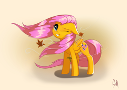 Size: 5102x3638 | Tagged: safe, artist:azilluwu, fluttershy, pegasus, pony, g4, absurd resolution, cute, female, floppy ears, gradient background, grin, leaf, mare, one eye closed, shyabetes, signature, smiling, solo, windswept mane