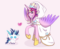 Size: 1780x1456 | Tagged: safe, artist:czscribbles, princess cadance, shining armor, alicorn, pony, unicorn, g4, autism creature, blush scribble, blushing, clothes, dress, duo, duo male and female, female, floating heart, heart, heart eyes, horn, male, meme, partially open wings, pink background, ship:shiningcadance, shipping, simple background, size difference, straight, the bride and the ugly ass groom, veil, wedding dress, wedding veil, wingding eyes, wings