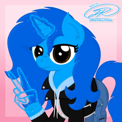 Size: 4608x4608 | Tagged: safe, artist:iamaveryrealperson, oc, oc only, oc:"d", pony, unicorn, aura, blue coat, blue mane, blue pony, brown eyes, closed mouth, clothes, colored, date (time), denim, eyelashes, female, gradient background, hand, hoodie, horn, indifferent, jacket, jeans, leather, leather jacket, long hair, long mane, long tail, looking at you, magic, magic aura, magic hands, mare, pants, peace, peace sign, pink background, pocket, raised hoof, signature, solo, sparkles, standing, tail, trans female, transgender, transgender oc, unicorn horn, unicorn oc, watermark, zipper