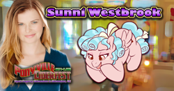 Size: 768x401 | Tagged: artist needed, safe, cozy glow, human, pegasus, g4, irl, irl human, old art, photo, ponyville ciderfest, sunni westbrook, voice actor