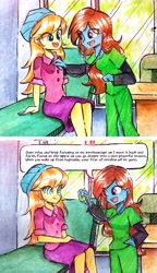 Size: 2333x4055 | Tagged: safe, artist:liaaqila, orange sunrise, oc, oc:nurse hypno heart, equestria girls, g4, checkup, clothes, comic, commission, dialogue, hypnosis, hypnotherapy, hypnotized, indoors, scrubs (gear), stethoscope, traditional art