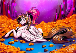 Size: 1600x1130 | Tagged: safe, artist:sunny way, oc, oc:sunny way, horse, pegasus, pony, g4, cartoon, cute, feather, female, feral, gold, ipad, lying down, mare, money, pile of gold, reaistic paint studio, smiling, solo, traditional art, watercolor painting, wings