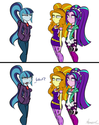 Size: 2912x3700 | Tagged: safe, artist:madragon, derpibooru exclusive, adagio dazzle, aria blaze, sonata dusk, human, rainbow rocks 10th anniversary, equestria girls, g4, breasts, busty sonata dusk, clothes, comic, denim, eyeshadow, female, gem, hair ornament, hoodie, jacket, jeans, makeup, microphone, open mouth, pants, scrunchie, simple background, spiked headband, spikes, standing, stars, text, the dazzlings, trio, trio female, white background