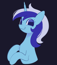 Size: 1807x2047 | Tagged: safe, artist:risswm, minuette, pony, unicorn, g4, black background, bust, female, horn, looking at you, mare, no pupils, simple background, smiling, smiling at you, solo