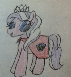 Size: 663x720 | Tagged: safe, artist:lunashy21, diamond tiara, earth pony, pony, g4, aside glance, cape, clothes, cmc cape, female, filly, foal, jewelry, looking at you, open mouth, open smile, pencil drawing, requested art, requester:railpony, simple background, smiling, solo, standing, tiara, traditional art, white background