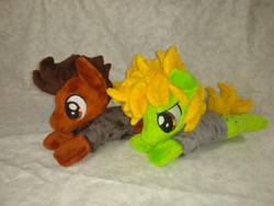 Size: 4096x3072 | Tagged: safe, artist:bluedragonflyplush, earth pony, pony, all time low, clothes, commission, duo, duo male, frown, irl, lidded eyes, lying down, male, photo, plushie, ponified, prone, rian dawson, shirt, stallion, t-shirt, zack merrick