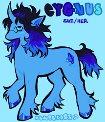 Size: 1561x1819 | Tagged: safe, artist:duncedogs, oc, oc only, oc:cygnus (duncedogs), pony, unicorn, blue background, blue coat, blue mane, female, glasses, horn, leg fluff, mare, simple background, solo, unicorn oc, unshorn fetlocks