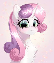 Size: 3500x4100 | Tagged: safe, artist:e-boi, sweetie belle, pony, unicorn, g4, blushing, bust, chest fluff, cute, diasweetes, ear fluff, female, high res, horn, looking at you, mare, older, older sweetie belle, smiling, smiling at you