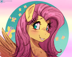 Size: 4000x3152 | Tagged: safe, artist:walliscolours, fluttershy, butterfly, pegasus, pony, g4, aside glance, blue pupils, blushing, bust, chest fluff, cute, digital art, ears, female, gradient background, high res, looking at you, pink hair, pink mane, portrait, shyabetes, smiling, smiling at you, solo, spread wings, teeth, three quarter view, wings, yellow coat, yellow fur