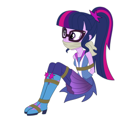 Size: 2500x2500 | Tagged: safe, artist:nie-martw-sie-o-mnie, sci-twi, twilight sparkle, human, equestria girls, g4, my little pony equestria girls: legend of everfree, bondage, boots, bound and gagged, cloth gag, clothes, crystal guardian, female, femsub, gag, glasses, miniskirt, ponytail, rope, rope bondage, shoes, simple background, sitting, skirt, solo, submissive, tied up, transparent background, twisub