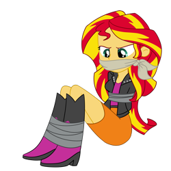 Size: 2500x2500 | Tagged: safe, artist:nie-martw-sie-o-mnie, sunset shimmer, human, equestria girls, g4, bondage, boots, bound and gagged, cloth gag, clothes, female, femsub, gag, miniskirt, shoes, simple background, sitting, skirt, solo, submissive, subset, tape, tape bondage, tied up, transparent background