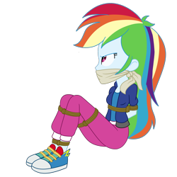 Size: 2000x2000 | Tagged: safe, artist:nie-martw-sie-o-mnie, rainbow dash, human, equestria girls, equestria girls specials, g4, my little pony equestria girls: dance magic, bondage, bound and gagged, cloth gag, dashsub, female, femsub, gag, rope, rope bondage, simple background, sitting, solo, submissive, tied up, transparent background