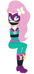 Size: 1400x2966 | Tagged: safe, artist:nie-martw-sie-o-mnie, fluttershy, saddle rager, human, equestria girls, equestria girls specials, g4, my little pony equestria girls: movie magic, bondage, bound and gagged, butterfly hairpin, domino mask, female, femsub, fluttersub, gag, simple background, sitting, solo, submissive, tape, tape bondage, tape gag, tied up, transparent background