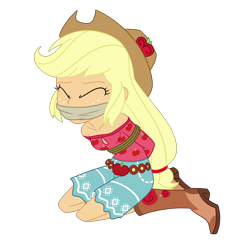 Size: 2000x2000 | Tagged: safe, artist:nie-martw-sie-o-mnie, applejack, human, equestria girls, g4, my little pony equestria girls: legend of everfree, applesub, arm behind back, bondage, boots, bound and gagged, cloth gag, cowboy boots, cowboy hat, eyes closed, female, femsub, gag, hat, kneeling, rope, rope bondage, shoes, simple background, solo, submissive, tied up, transparent background