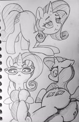 Size: 2650x4081 | Tagged: safe, artist:ponsce, rarity, sweetie belle, pony, unicorn, g4, butt, dock, duo, face down ass up, female, filly, floppy ears, foal, glasses, horn, lying down, mare, monochrome, on side, plot, rarity's glasses, siblings, sisters, tail, traditional art