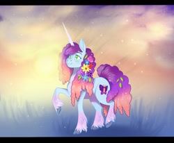 Size: 796x656 | Tagged: safe, artist:ponydevilgirl, misty brightdawn, pony, unicorn, g5, crepuscular rays, female, flower, flower in hair, horn, mare, rebirth misty, solo