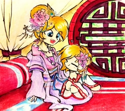 Size: 2789x2491 | Tagged: safe, artist:liaaqila, oc, oc only, oc:copper moon, pony, equestria girls, g4, china, clothes, dress, duo, flower, flower in hair, smiling, traditional art