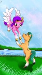 Size: 1080x1920 | Tagged: safe, artist:amandascxd, hitch trailblazer, pipp petals, earth pony, pegasus, pony, g5, bipedal, duo, duo male and female, female, flying, holding hooves, looking at each other, looking at someone, male, mare, outdoors, ship:pitch, shipping, stallion, straight