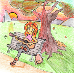 Size: 1316x1310 | Tagged: safe, artist:fleximusprime, sunset shimmer, human, equestria girls, g4, backpack, bench, guitar, leaves, musical instrument, outdoors, solo, traditional art, tree