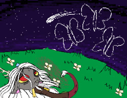 Size: 588x454 | Tagged: safe, artist:jojomero, discord, butterfly, g5, spoiler:g5comic, do u like stars?, grass, immortality blues, implied death, implied fluttershy, long hair, old man discord, shooting star, stars, tearjerker, white hair