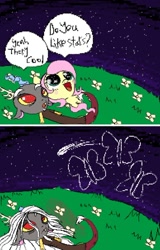 Size: 712x1115 | Tagged: safe, alternate version, artist:jojomero, discord, fluttershy, butterfly, g5, spoiler:g5comic, comic, do u like stars?, grass, immortality blues, implied death, implied fluttershy, long hair, old man discord, question mark, screenshots, shooting star, sparkles, stars, tearjerker, white hair