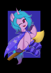 Size: 5787x8185 | Tagged: safe, artist:skylinepony_, izzy moonbow, pony, unicorn, g5, broom, cloak, clothes, cute, female, flying, flying broomstick, happy, horn, izzybetes, mare, one eye closed, open mouth, open smile, passepartout, smiling, socks, solo, striped socks, tail, unshorn fetlocks, witch